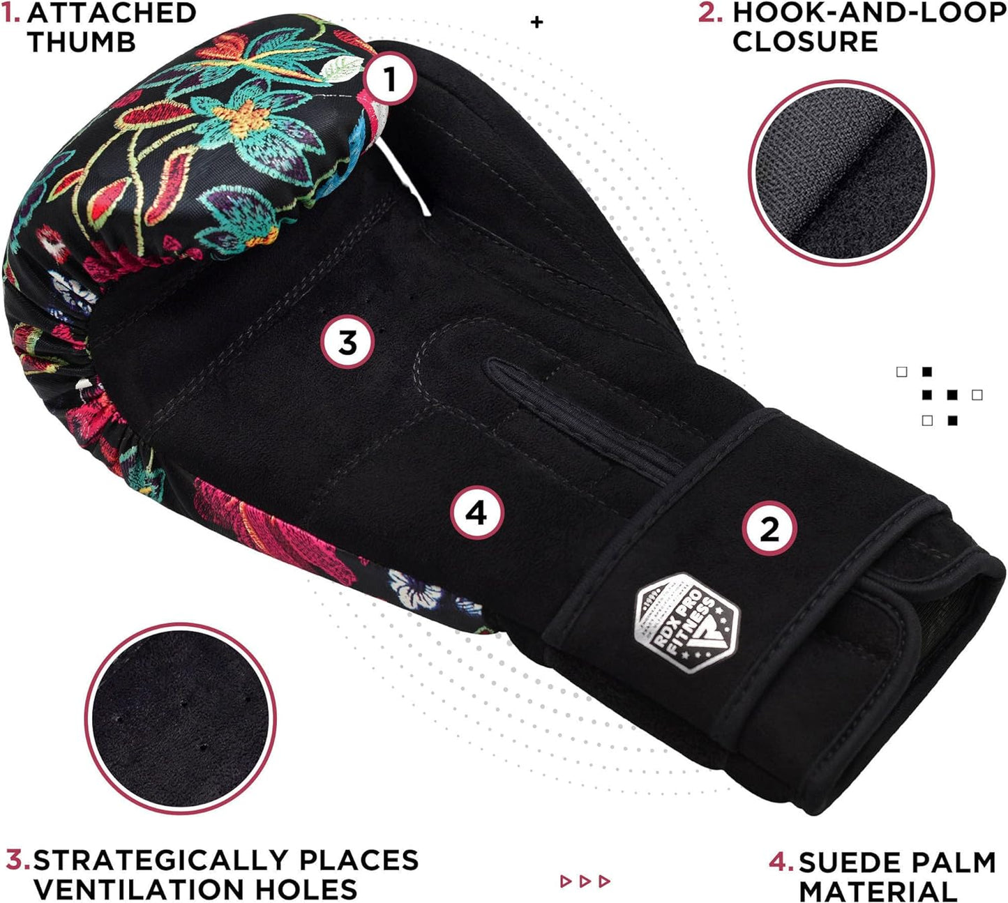 Women Boxing Gloves for Training, Muay Thai – Flora Skin Ladies Mitts for Sparring, Kickboxing - Good for Punch Bag, Focus Pads and Double End Ball Punching